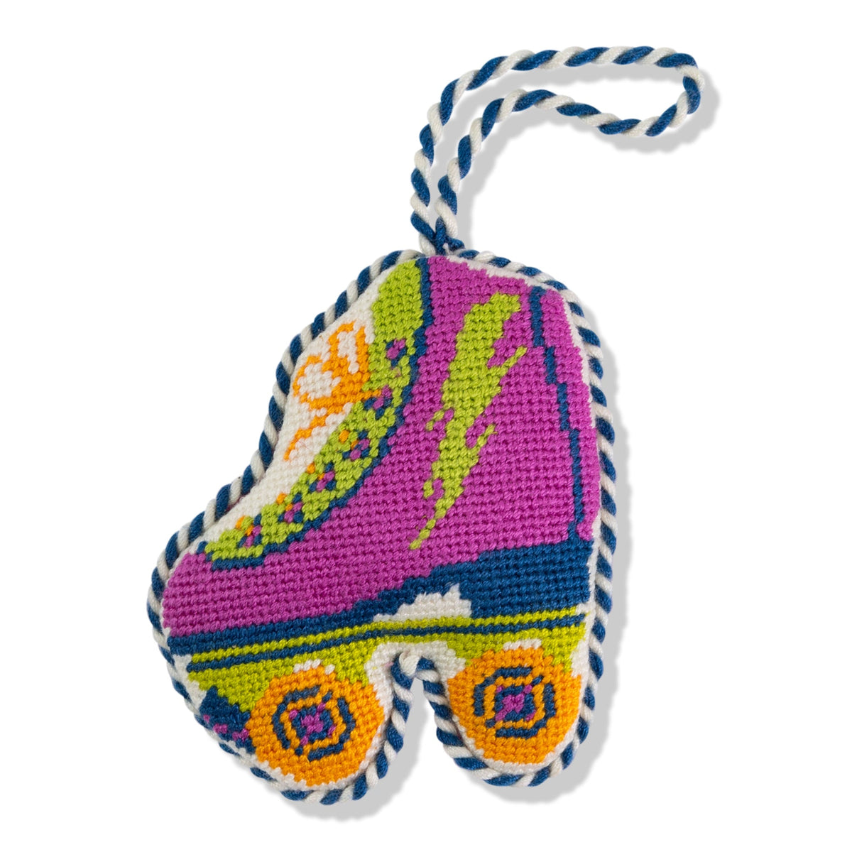 Needlepoint roller skate ornament with braided hanger, purple and pink design
