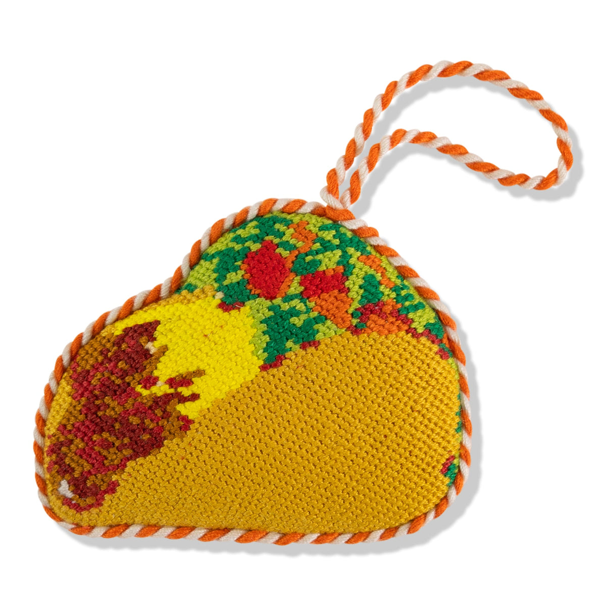 Needlepoint taco icon ornament with orange braided hanging cord