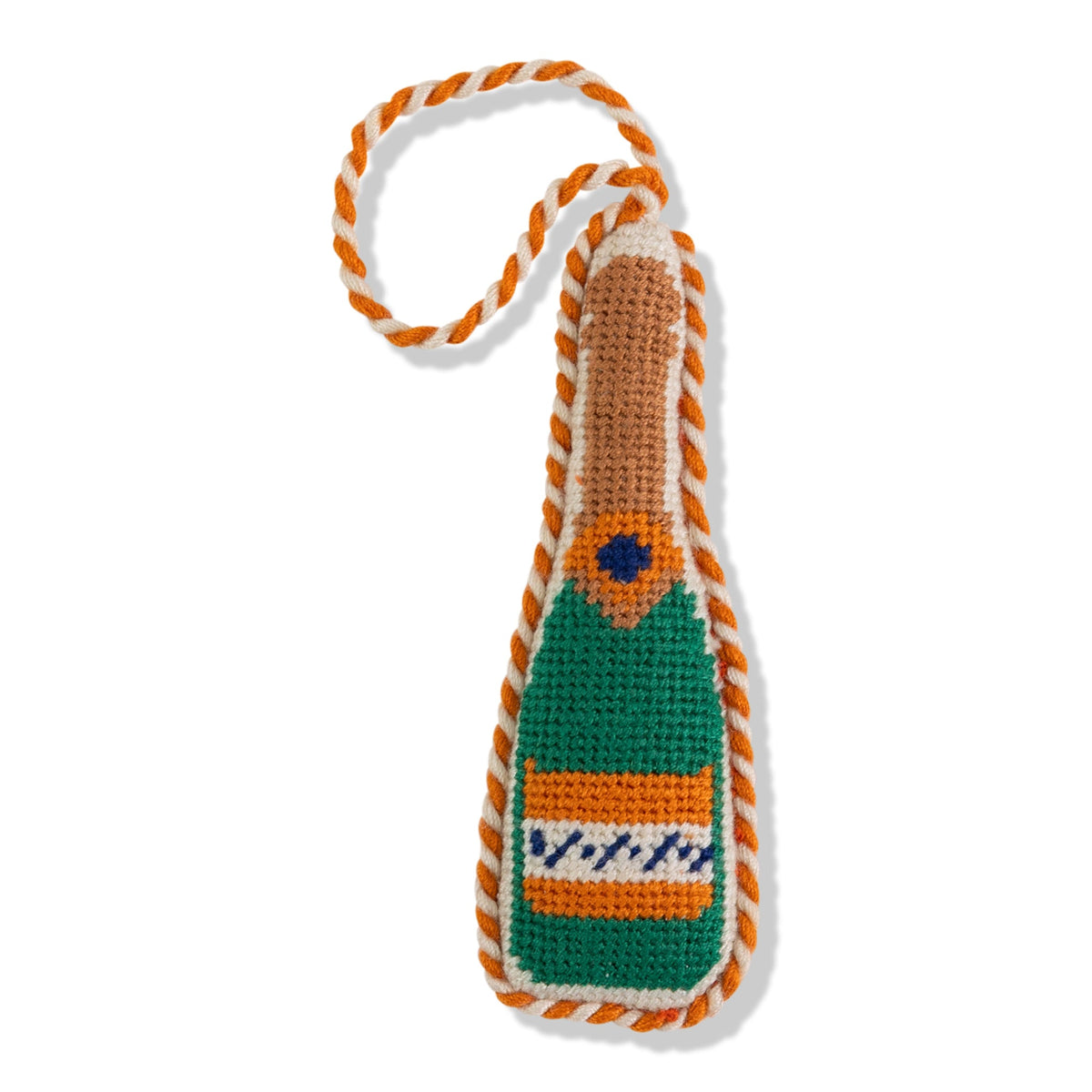 Champagne bottle needlepoint ornament with green label and orange top, loop for hanging.