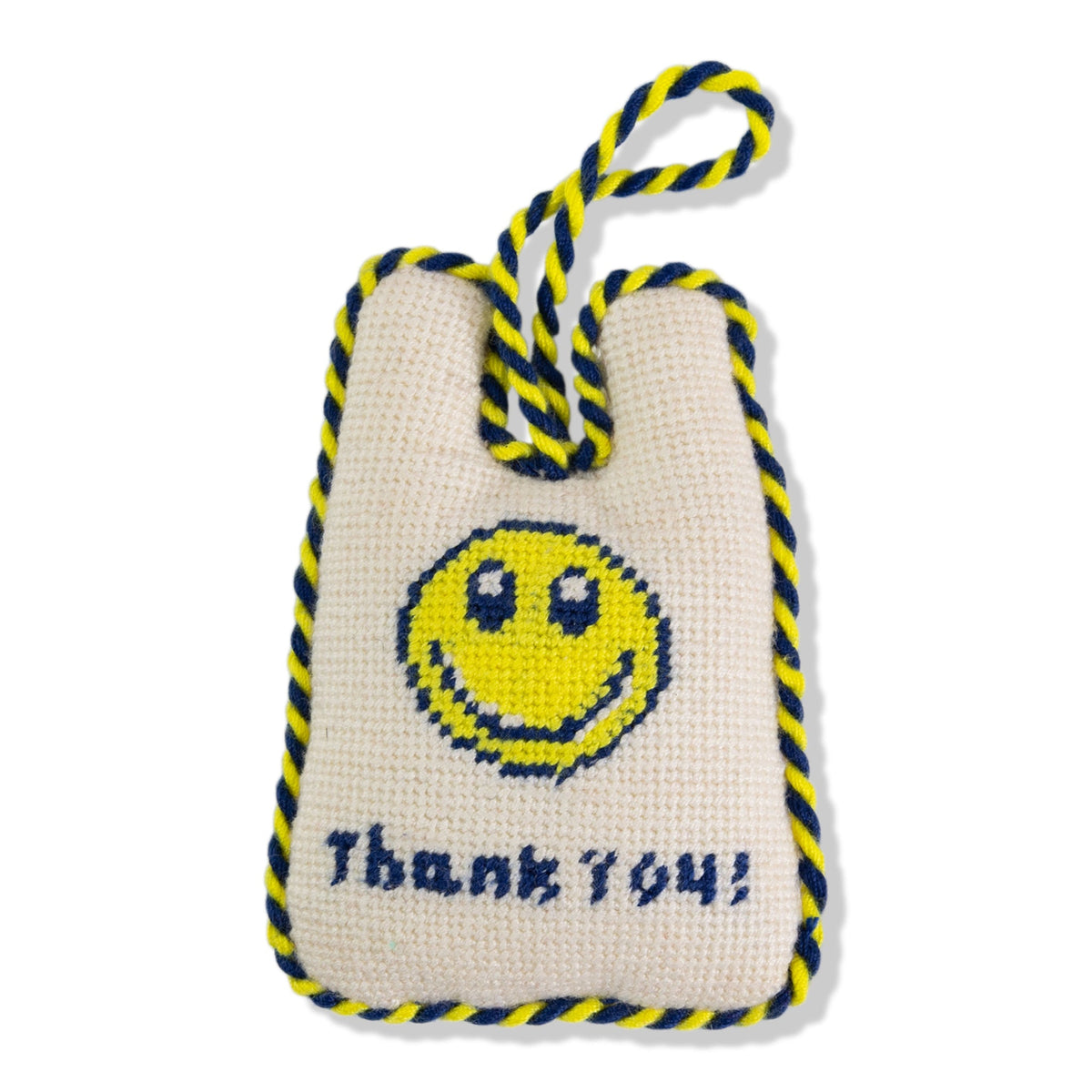 Needlepoint ornament bag with smiley face and 'Thank you!' lettering
