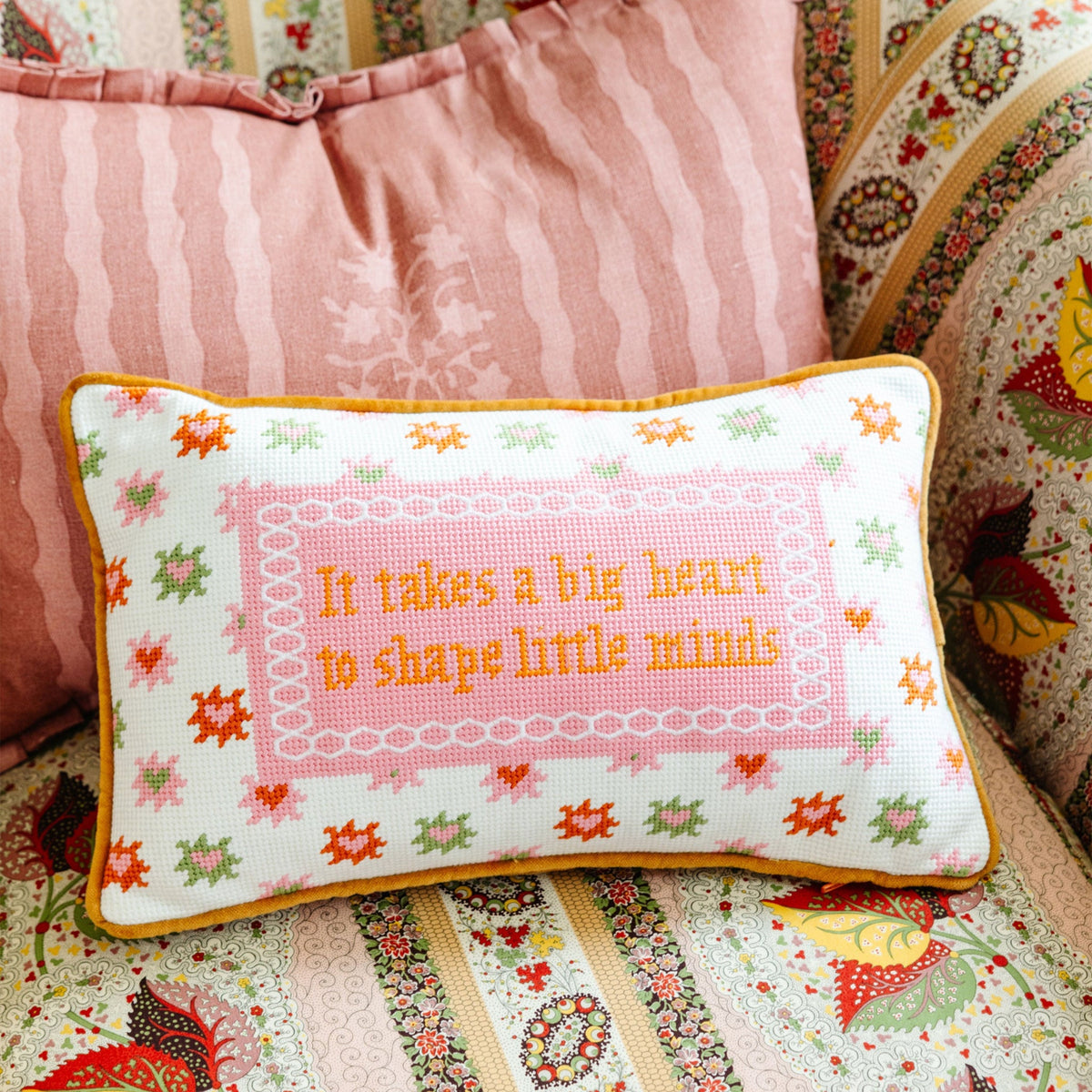Embroidered heart slogan pillow, white base with pink center panel and colorful motifs