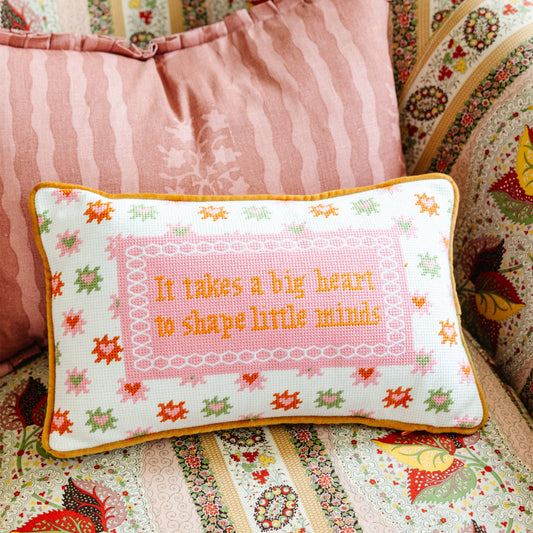 Embroidered heart slogan pillow, white base with pink center panel and colorful motifs