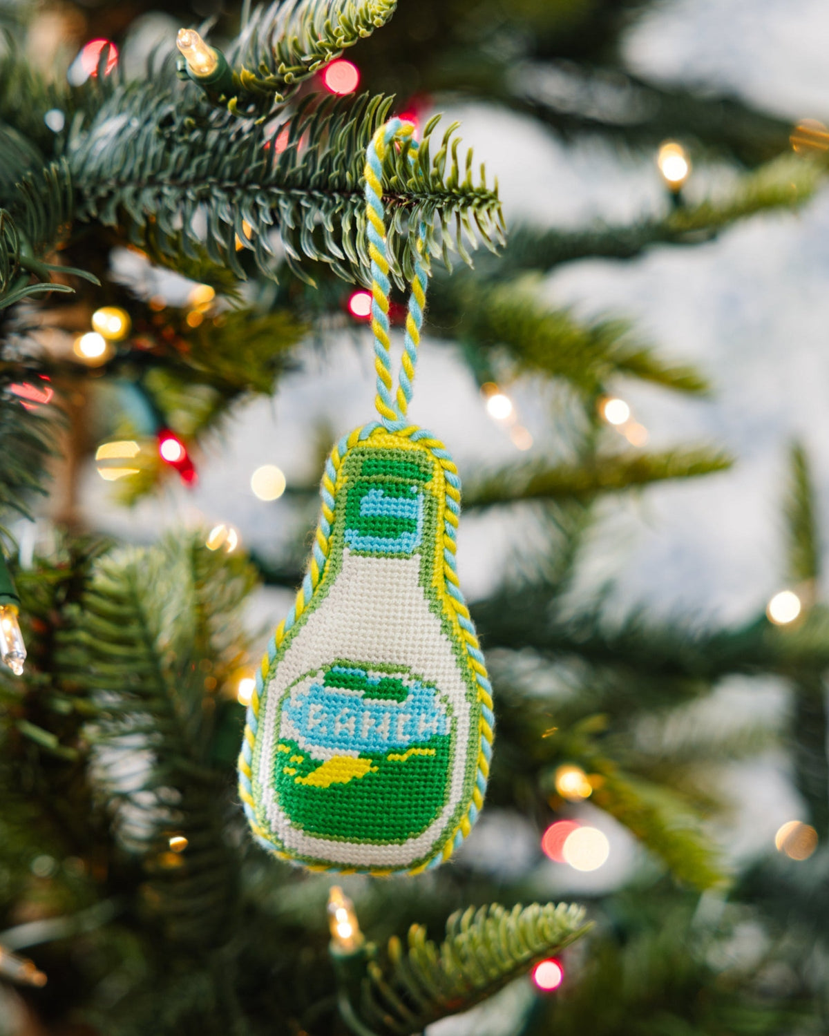 Hanging ranch needlepoint icon ornament, teardrop with green-yellow design