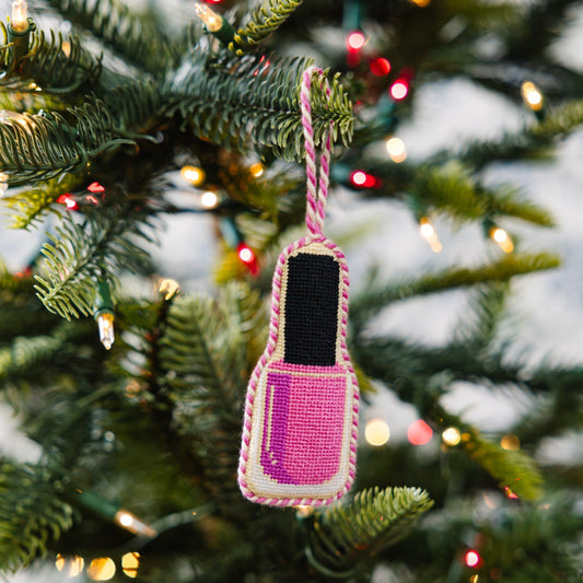 Needlepoint nail polish bottle ornament hanging, pink bottle with black cap