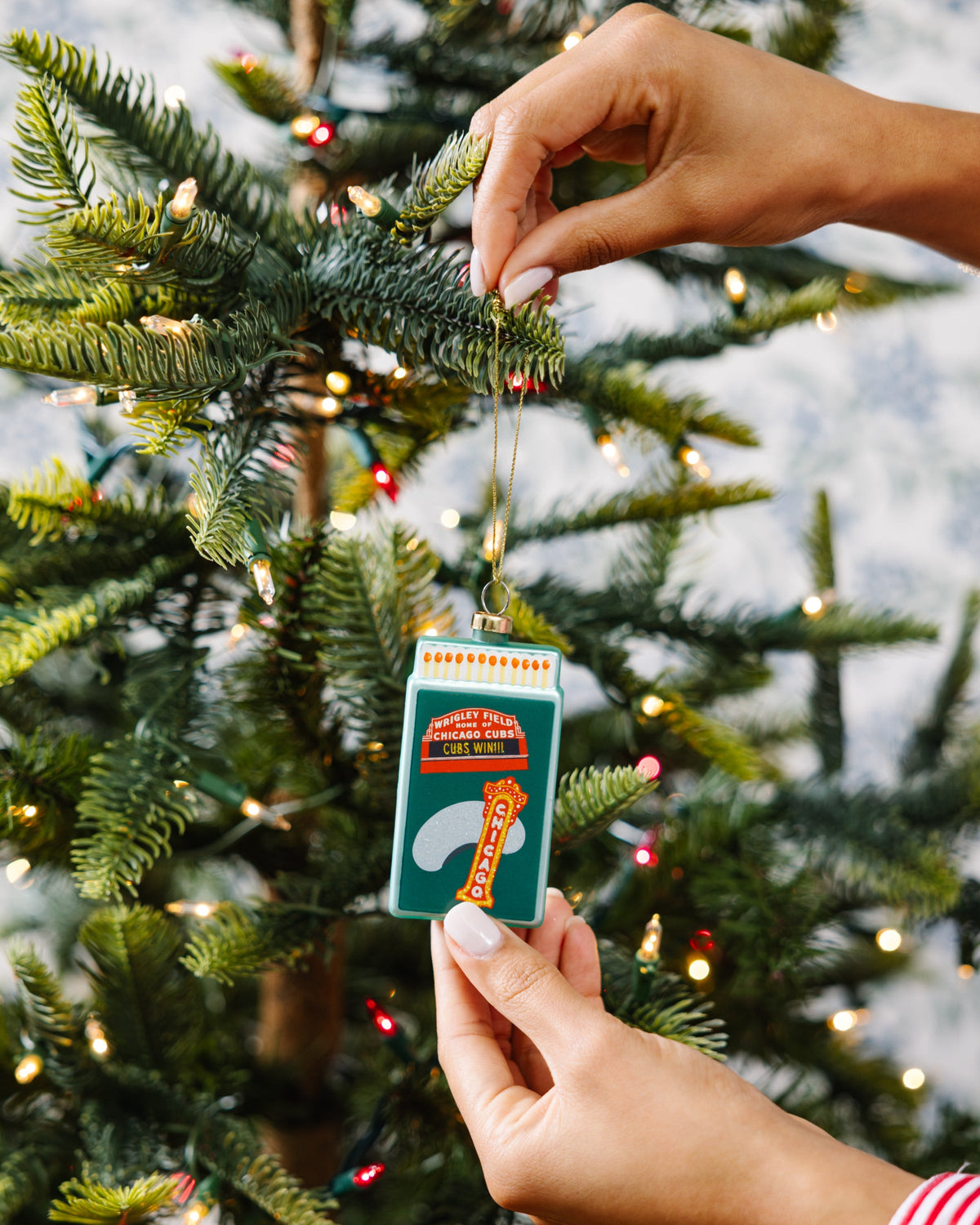 Hands placing a teal Chicago Cubs matchbook ornament on a Christmas tree