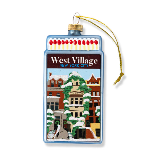 Blue matchbook-style ornament with West Village New York City design and gold string