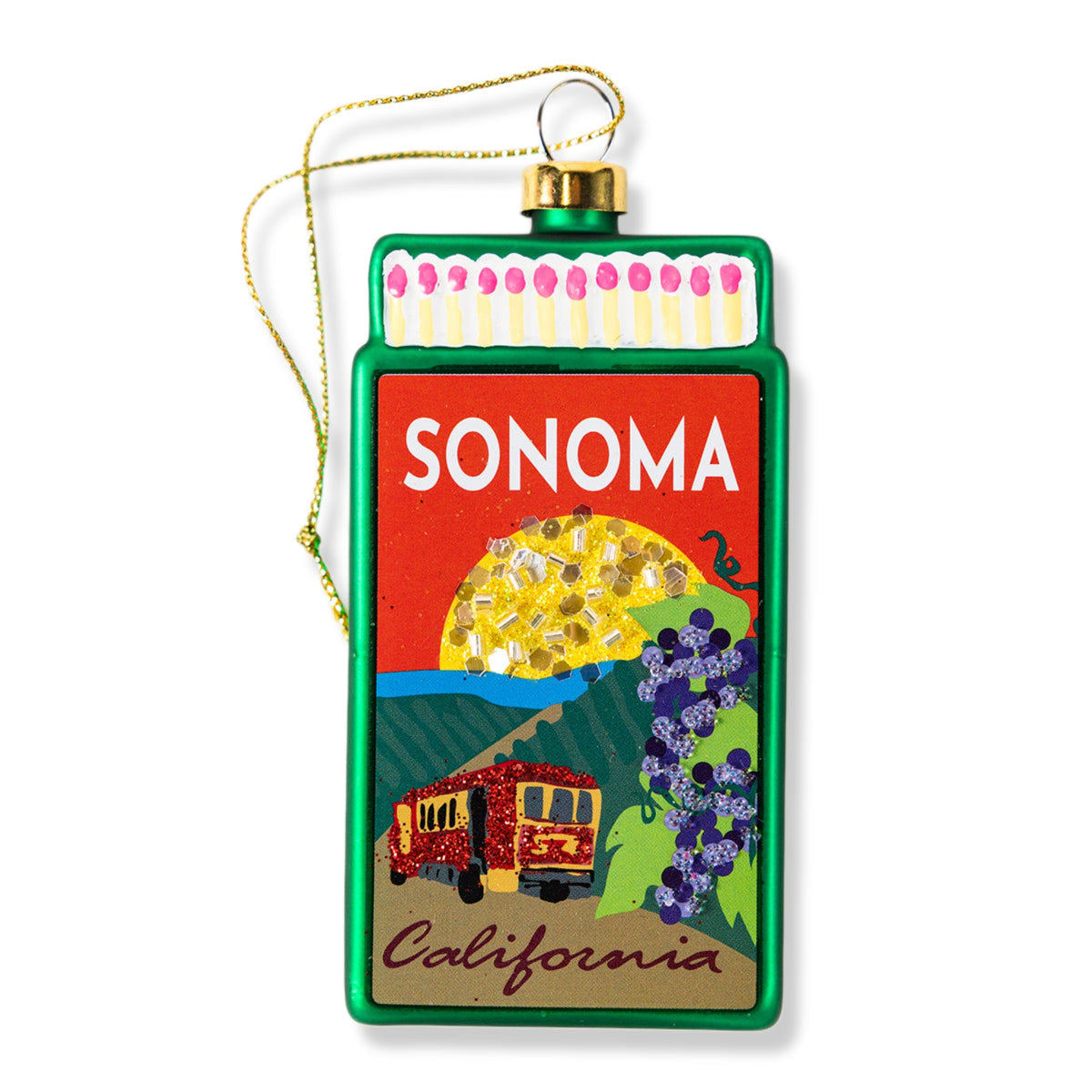 Green matchbook-style ornament with Sonoma front design and hanging loop