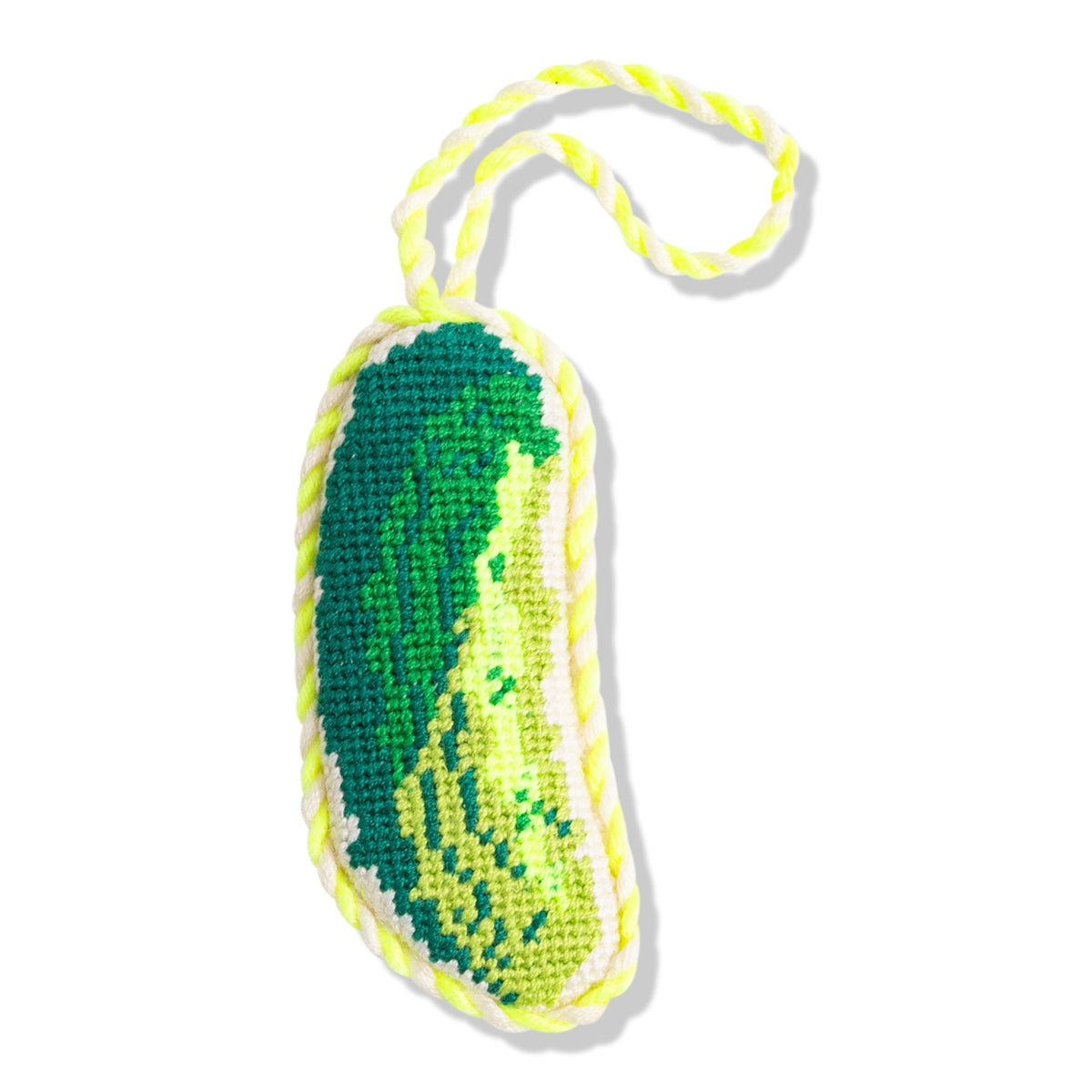 Needlepoint pickle ornament in green and lime with hanging loop and stitched details
