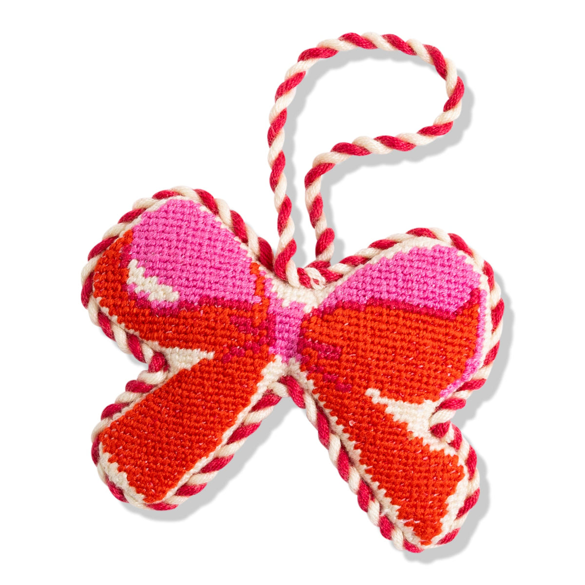 Needlepoint bow ornament with red and pink striped loops