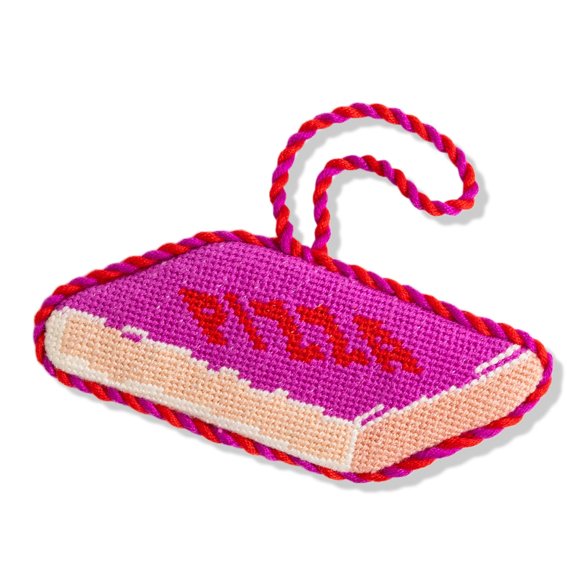 Needlepoint pizza slice ornament in magenta with looped twine hanger