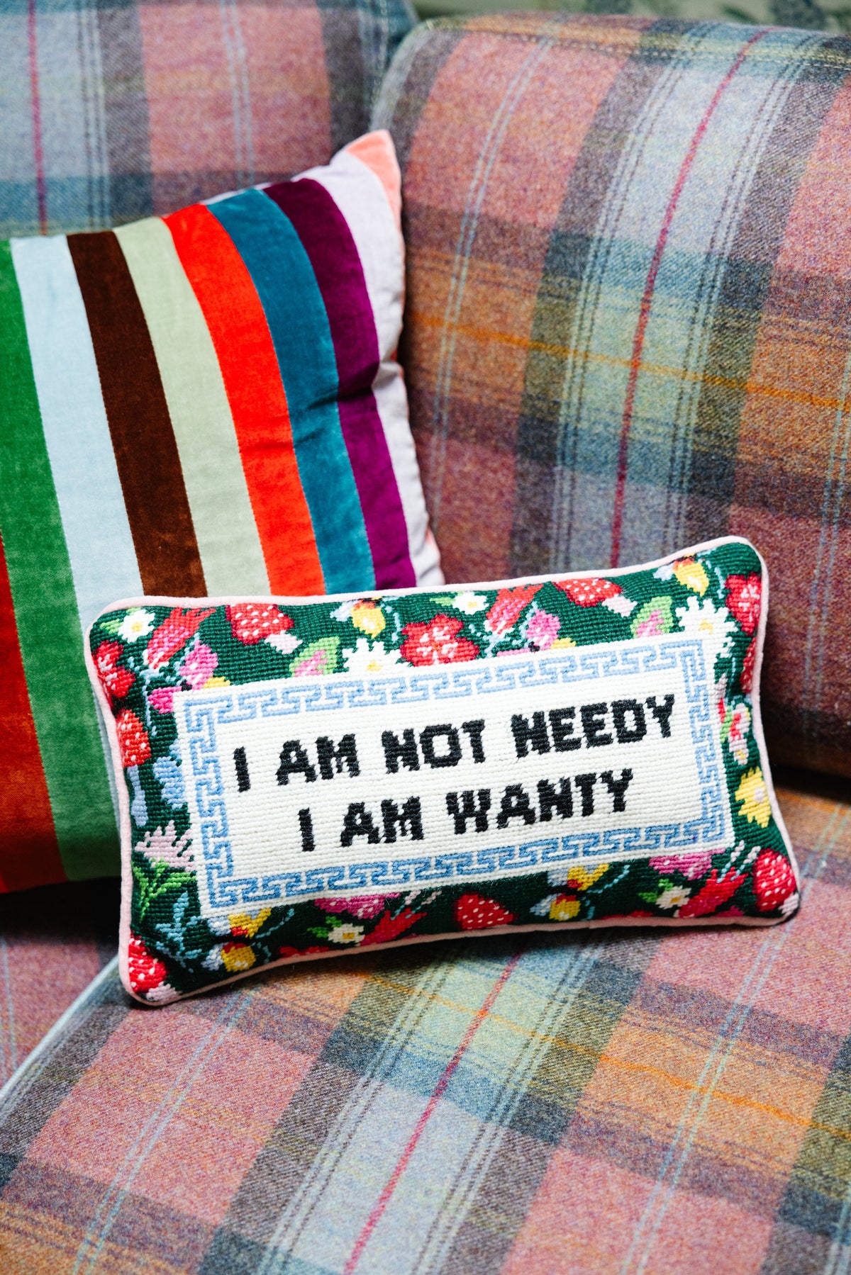 Green needlepoint pillow with red floral border and "I AM NOT NEEDY / I AM WANTY" text