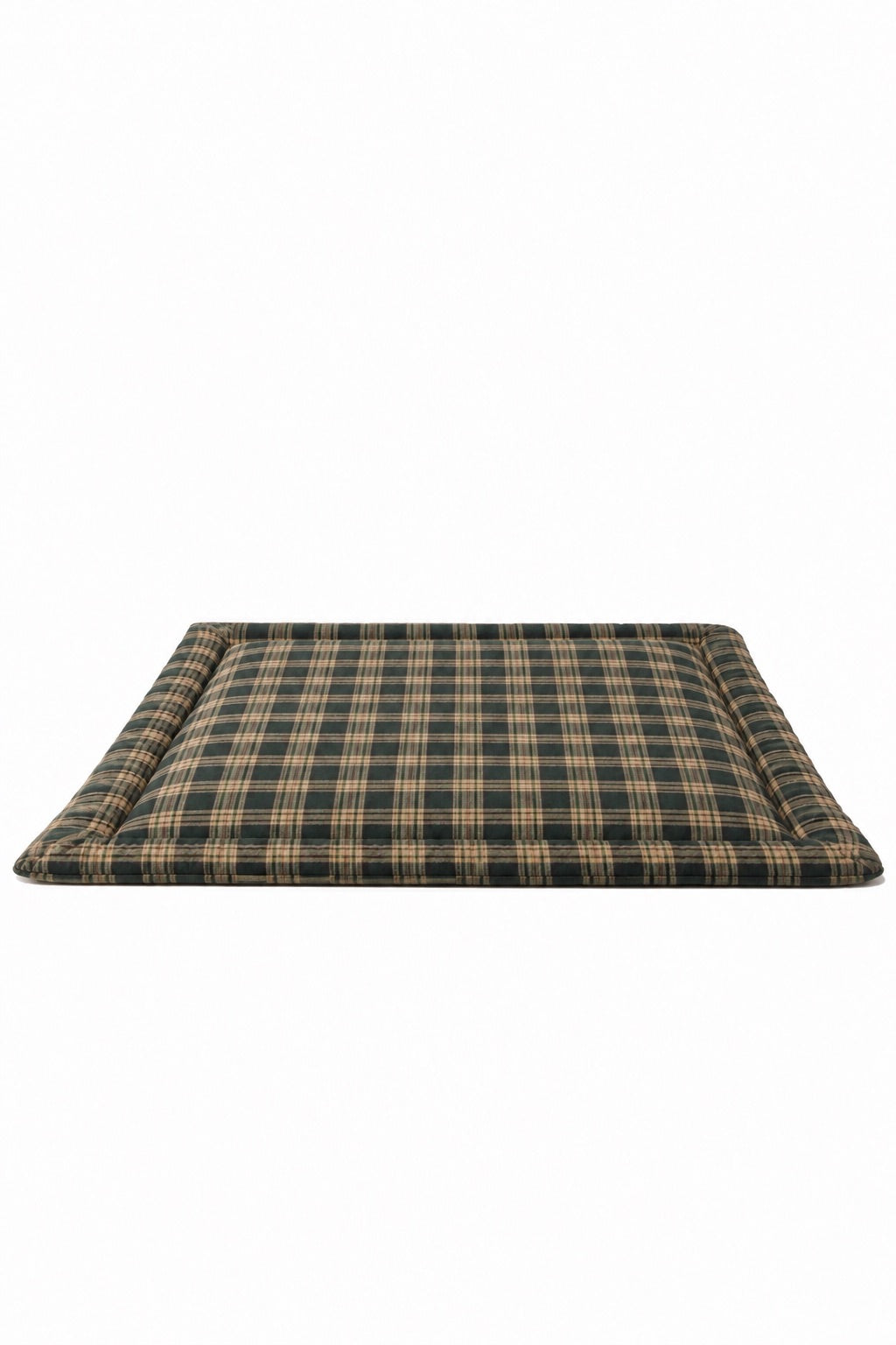 Green plaid padded baby play mat with a rectangular shape and raised cushioned edges