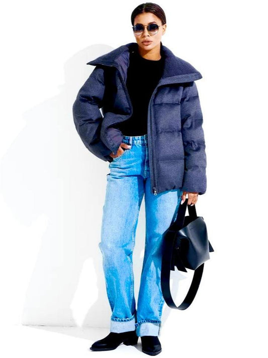 Navy wool-silk down coat with wide collar, quilted panels, and zip front