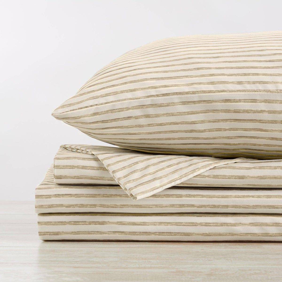 Microfiber sheet set with tan and white horizontal stripe pattern