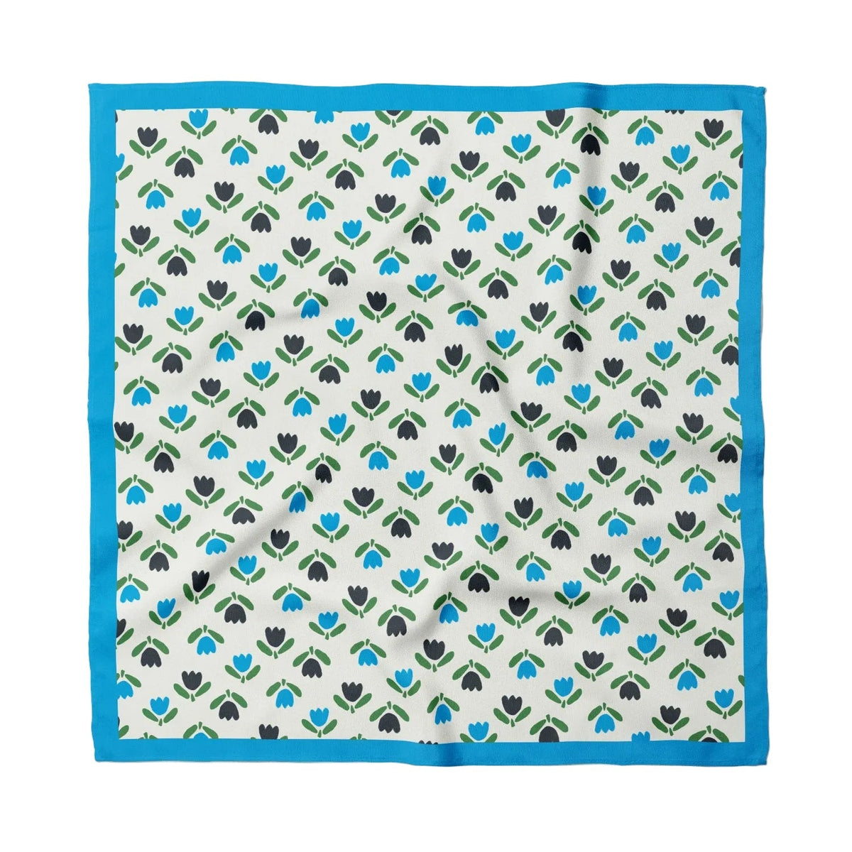 Cotton bandana with tulip print and blue border, square scarf.