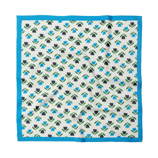 Cotton bandana with tulip print and blue border, square scarf.