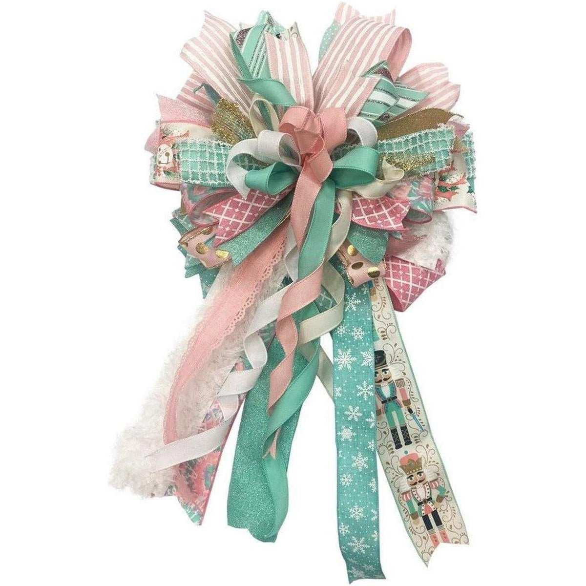 Nutcracker ribbon bow with ivory and mint green strips and nutcracker print accents