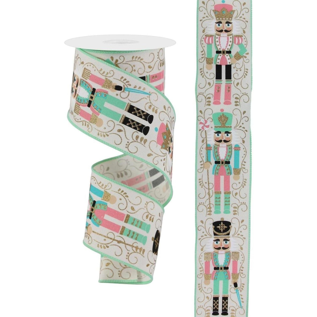 Nutcracker ribbon on spool, ivory with mint green nutcracker border pattern, ribbon strips