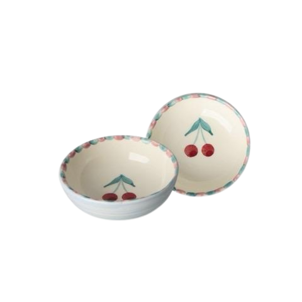 Small ceramic dipping bowl, cream with hand-painted cherries and green leaves