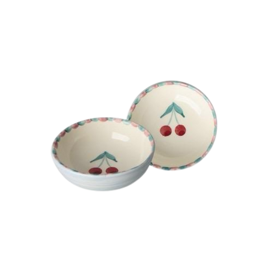Small ceramic dipping bowl, cream with hand-painted cherries and green leaves
