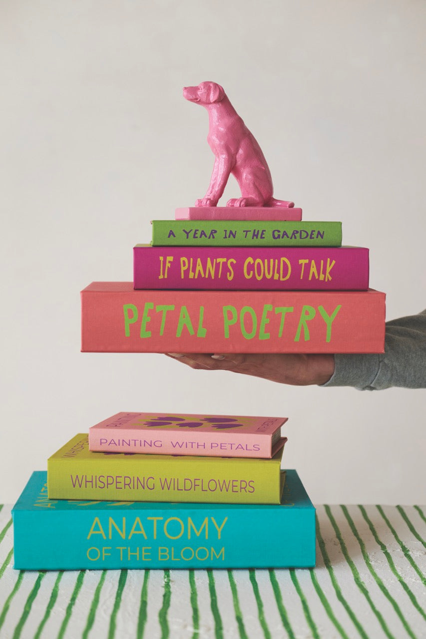Canvas storage book box with stacked pastel book covers held by a hand
