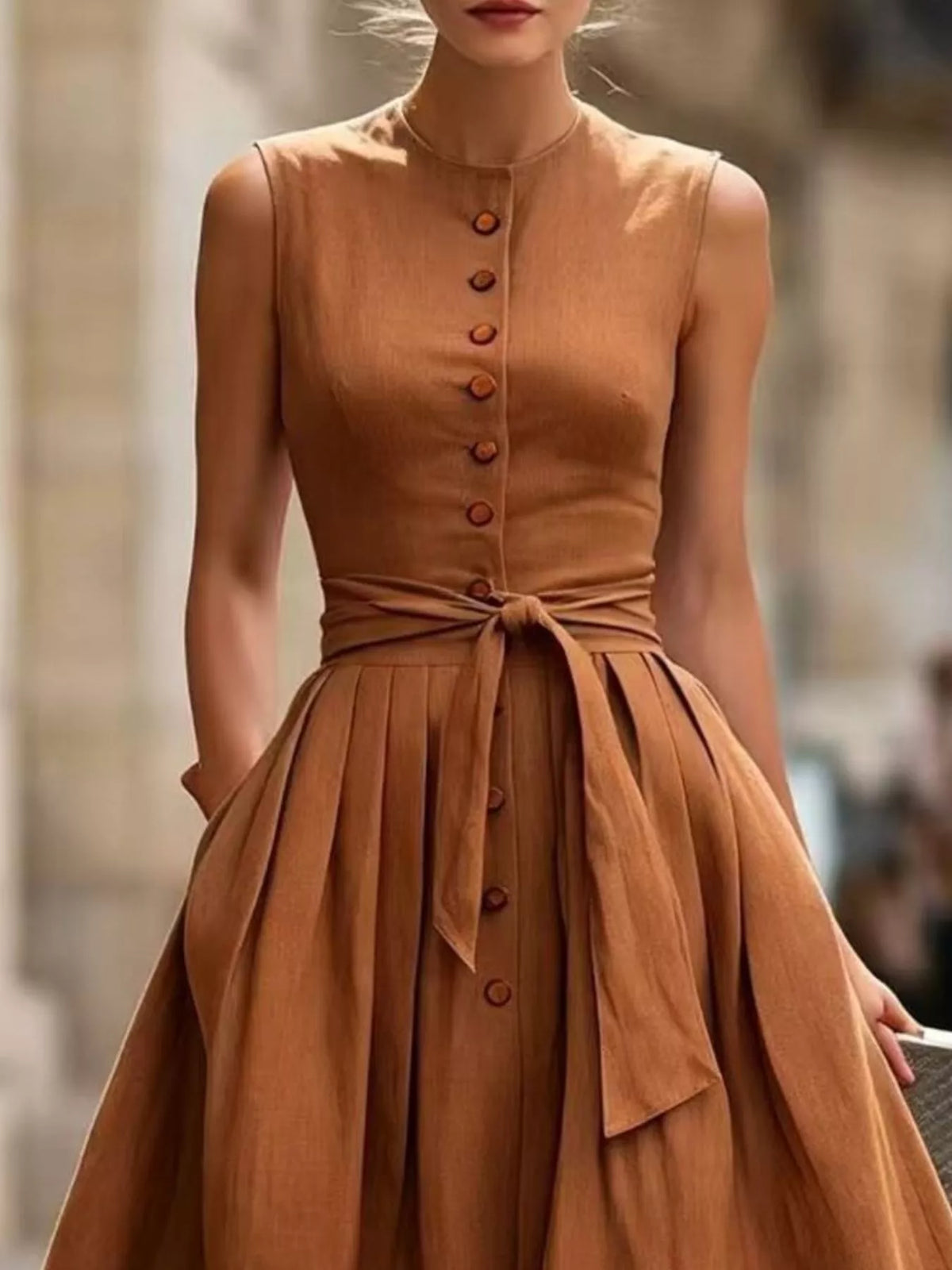 Vintage-Inspired Belted Sleeveless Midi Dress