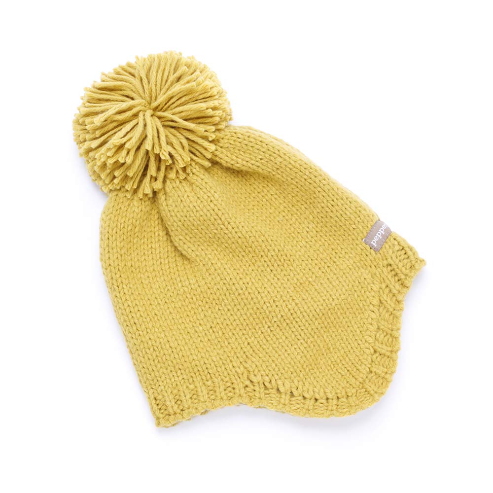 Mustard knitted kids' earflap hat with a large pom-pom