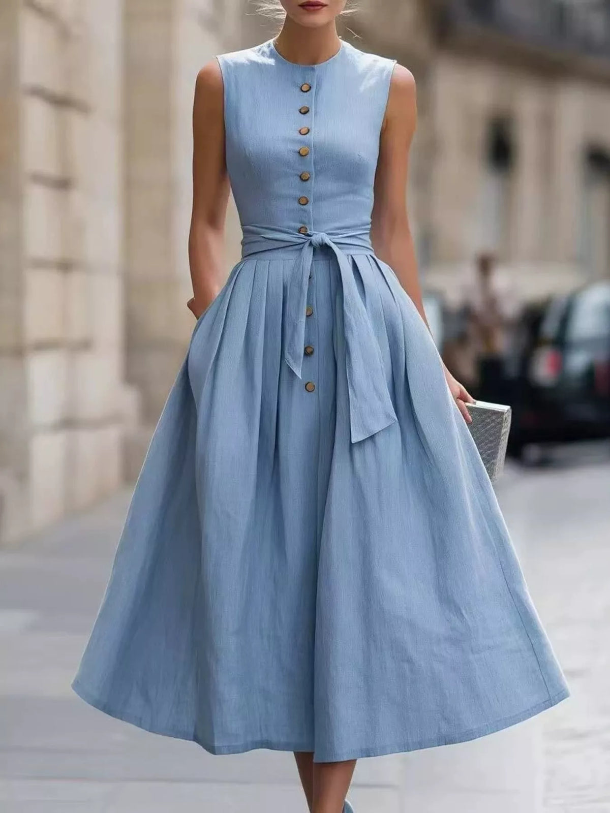Vintage-Inspired Belted Sleeveless Midi Dress