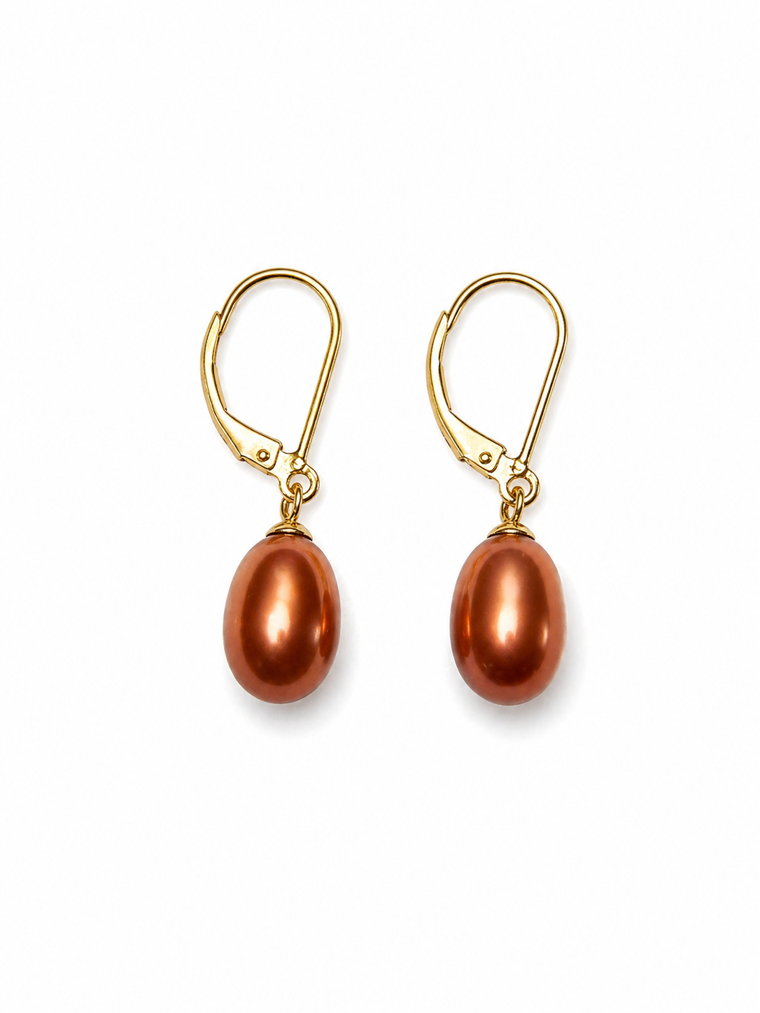 Rust-colored pearl drop earrings with gold-tone lever-back hooks