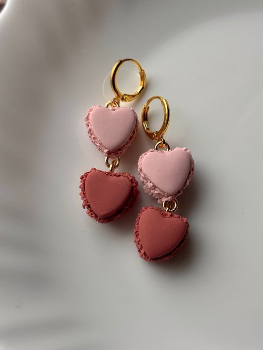 Pink heart drop earrings with gold-tone hoops and chain links