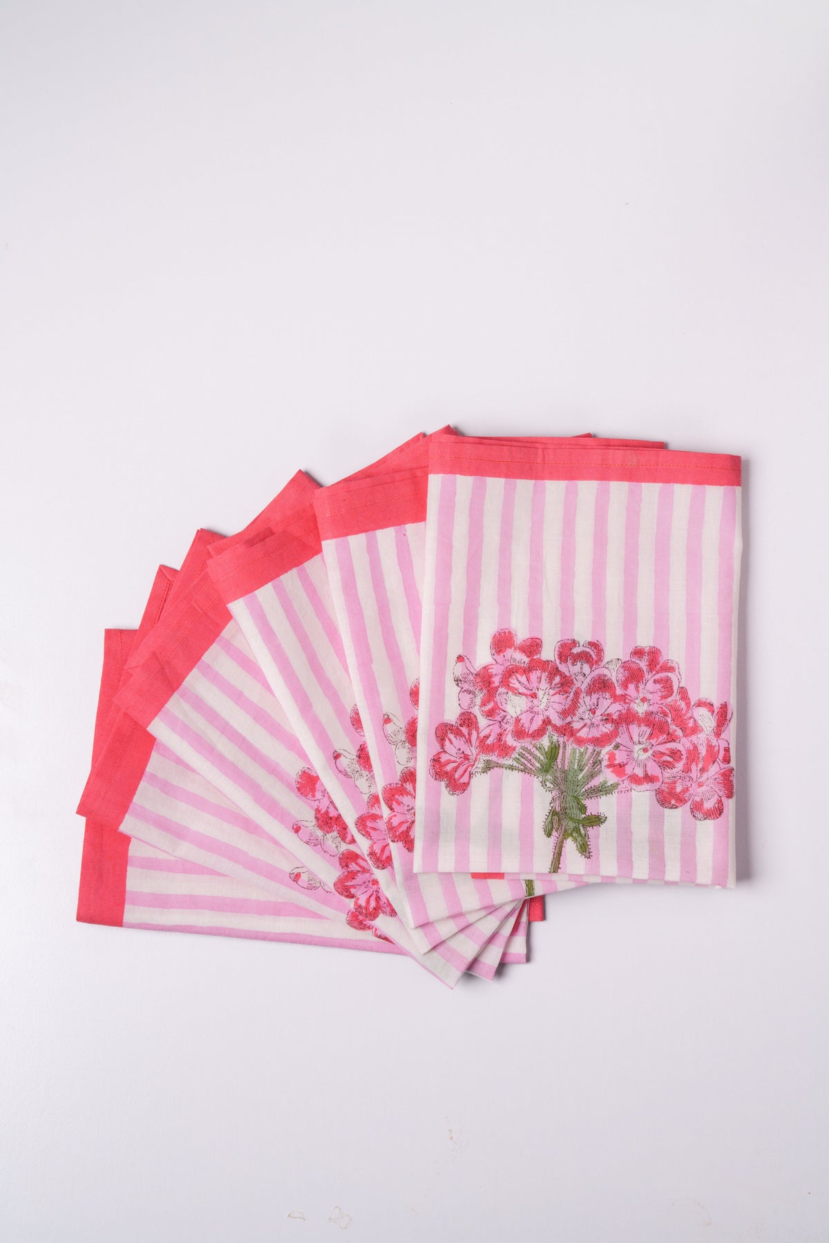 Pink hydrangea blockprint napkins, set of 4, striped with red coral border