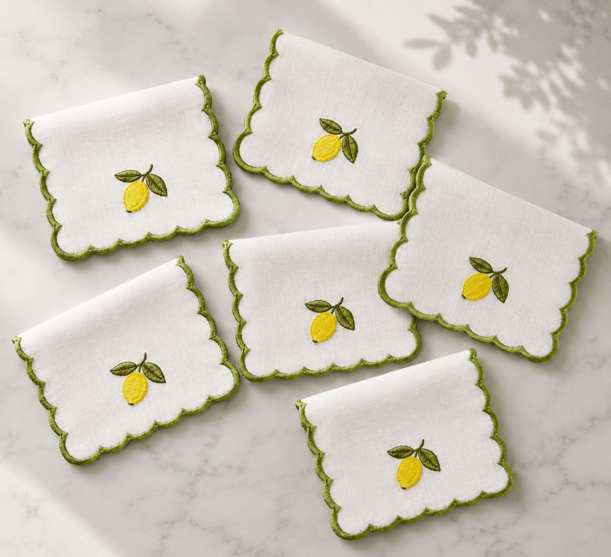 Set of 6 embroidered cocktail napkins, white scalloped edge with green lemon and leaf design