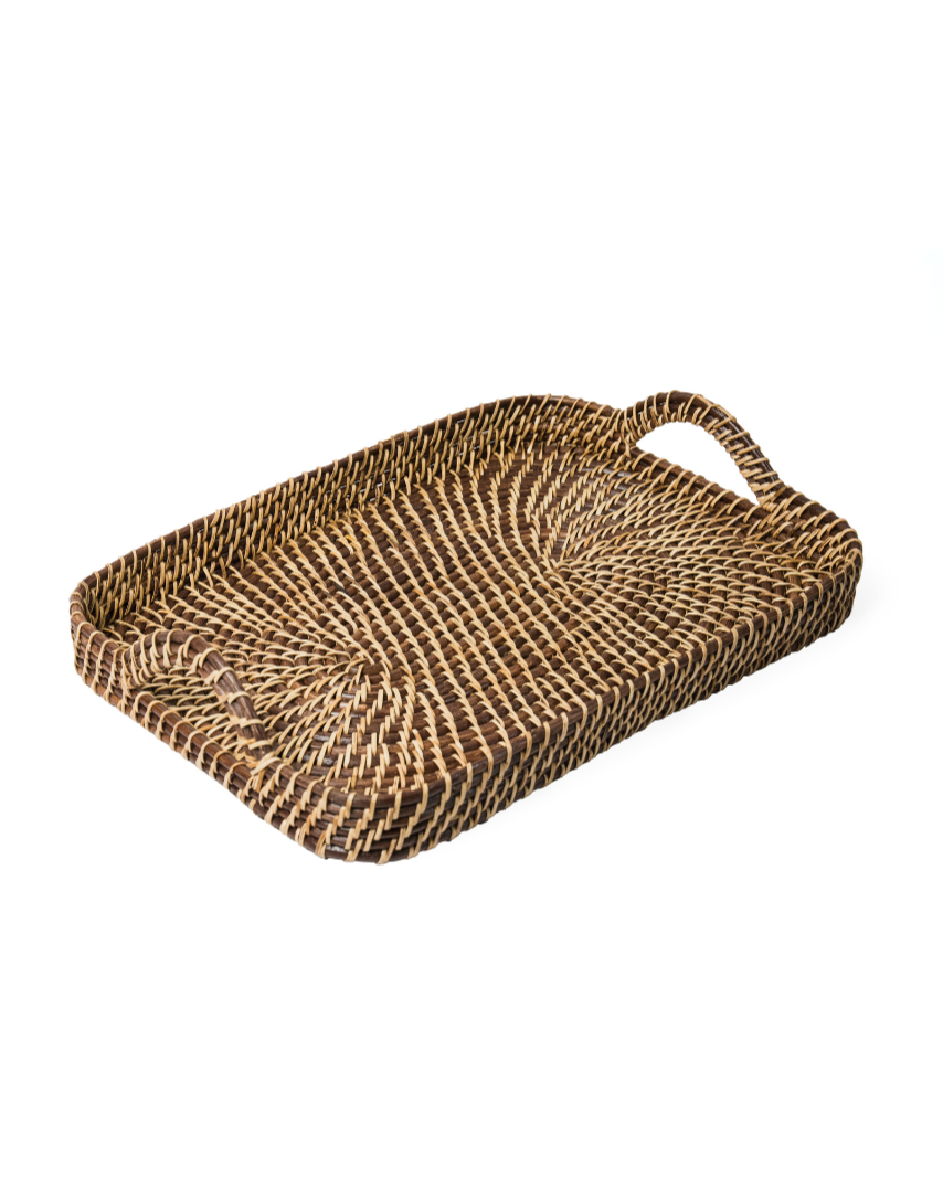 Woven rectangle serving tray with carrying handle, natural and dark brown tones