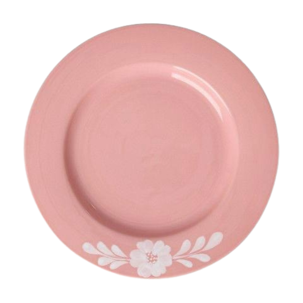 Pink ceramic dinner plate with white flower vine along the rim