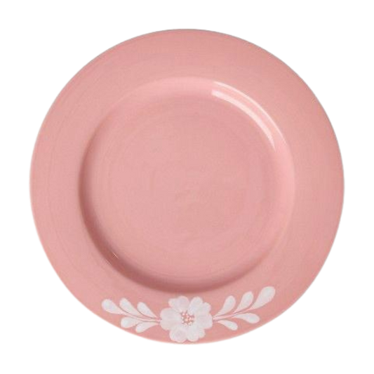 Pink ceramic dinner plate with white flower vine along the rim