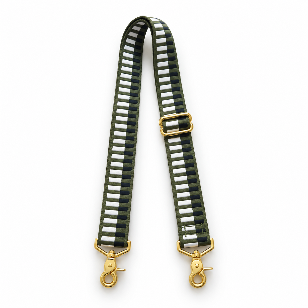 Geo-pattern guitar strap with adjustable gold buckle and two end rings