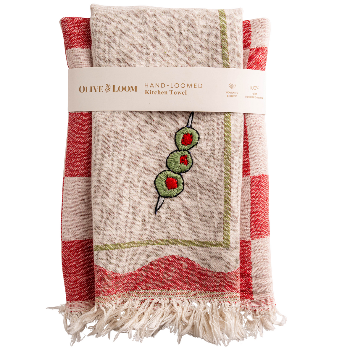 Cream kitchen towels with red stripe border, green olive applique, and fringed bottom