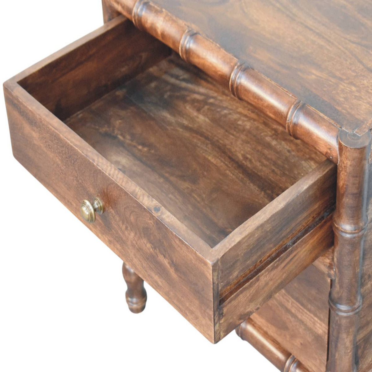 Brown wood nightstand drawer open front with round metal knob