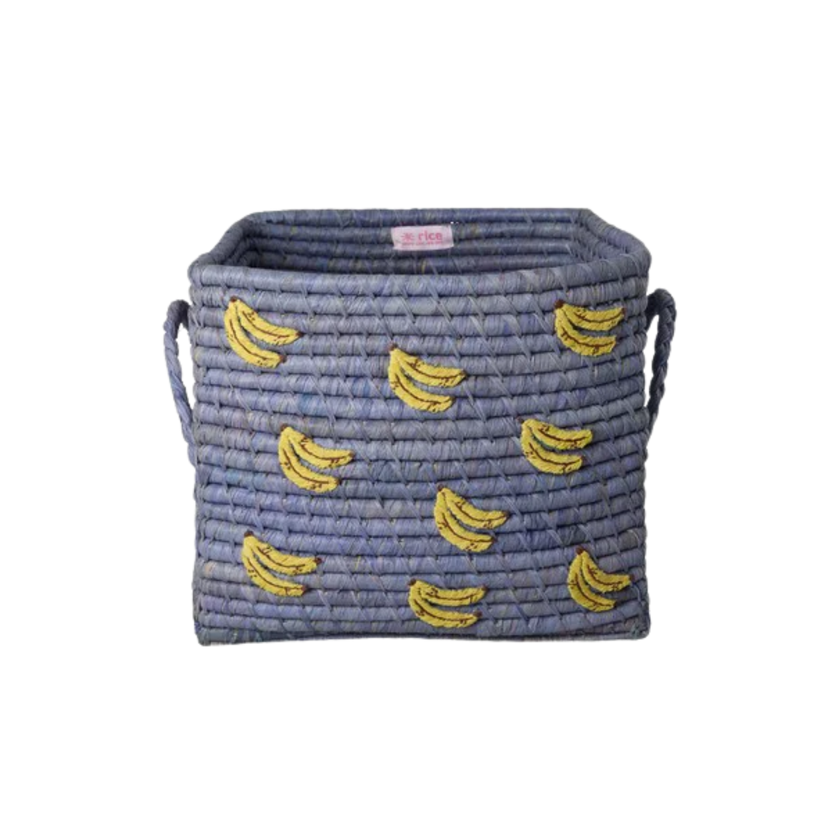 Square blue raffia basket with yellow banana pattern and rope handles