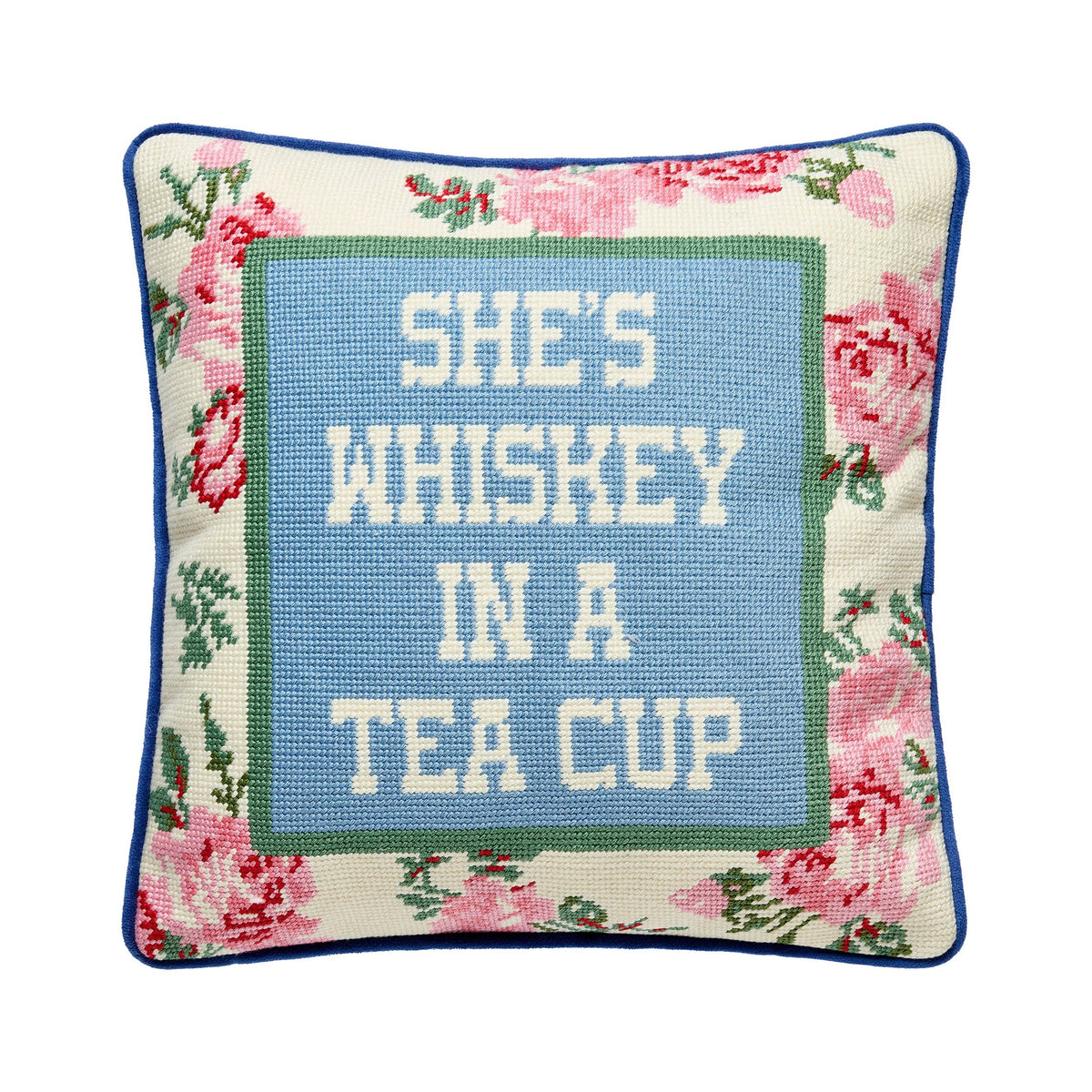 Floral embroidered throw pillow with “She’s Whiskey in a Tea Cup” text