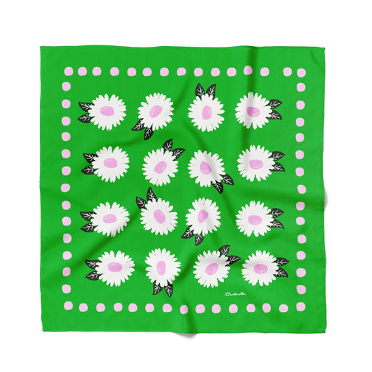 Green cotton-silk bandana with pink daisy flowers and dotted border