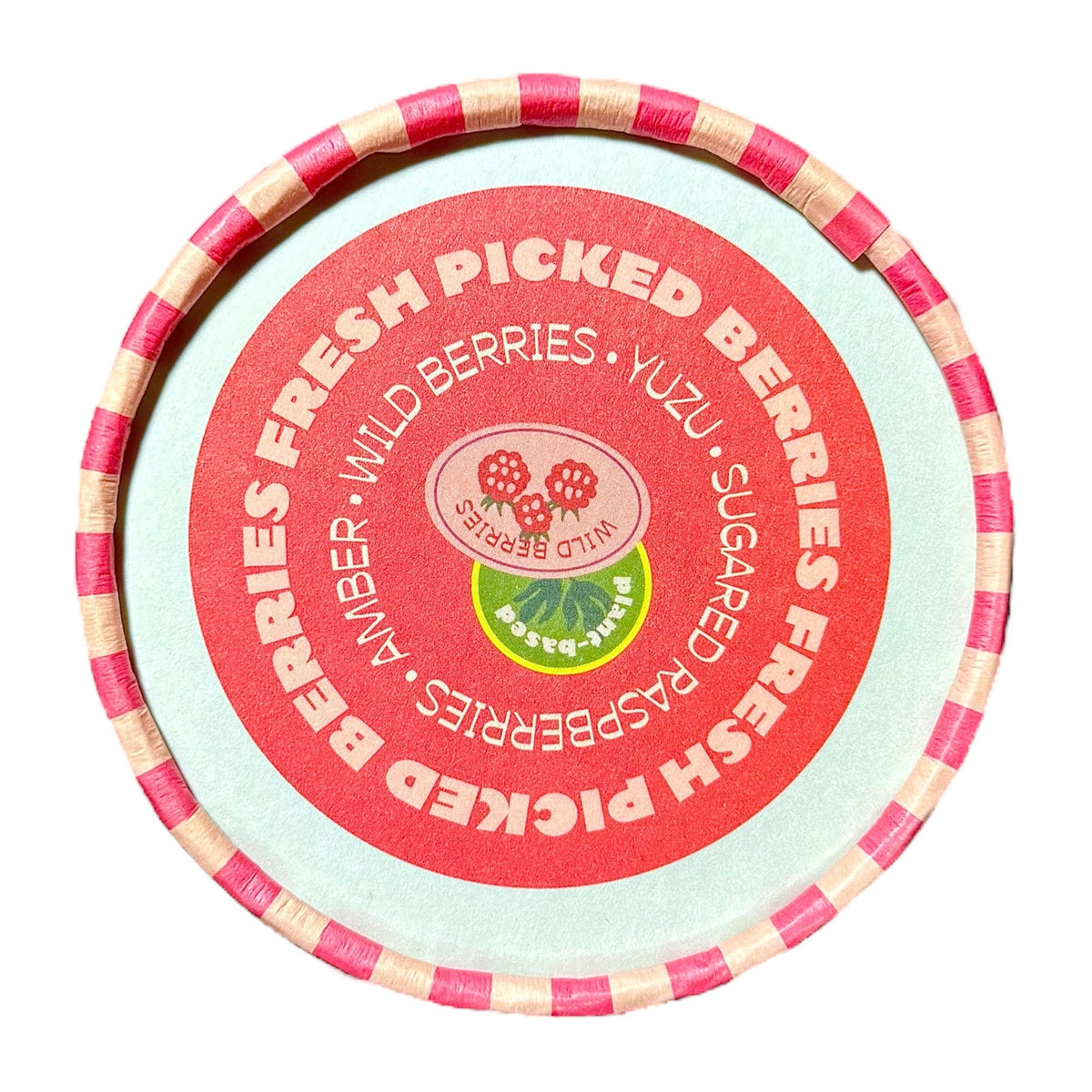 Fresh Picked Berries glass candle lid topper with circular branding and seals.