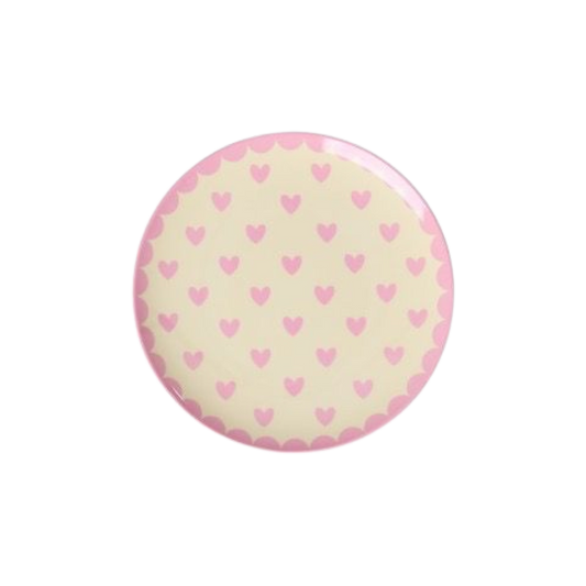 Small melamine cake plate with light pink heart pattern on dark pink rim