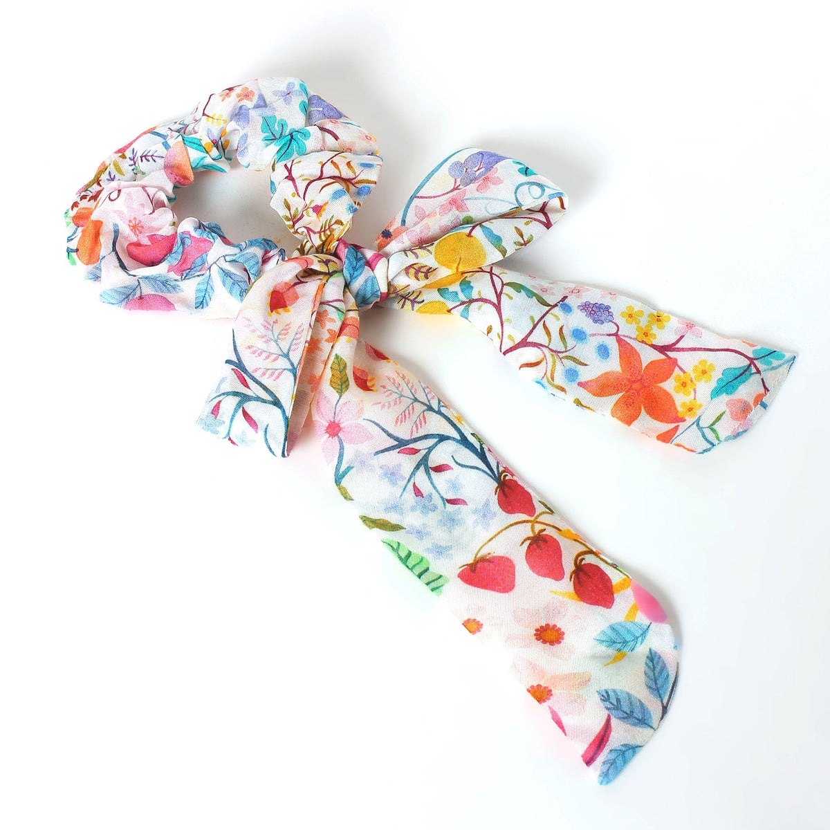Floral hair scarf with long tails and knotted bow, light ivory botanical pattern