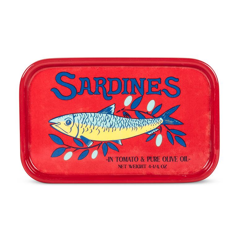 Red rectangular ceramic tin plate with sardines illustration and text