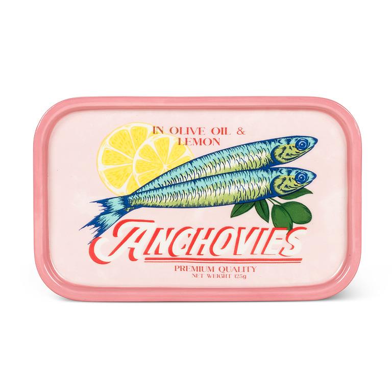 Pink rectangular ceramic tin plate with anchovies illustration and lemon text
