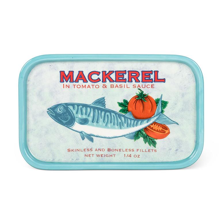 Blue rectangular ceramic tin plate with mackerel illustration and tomato basil text