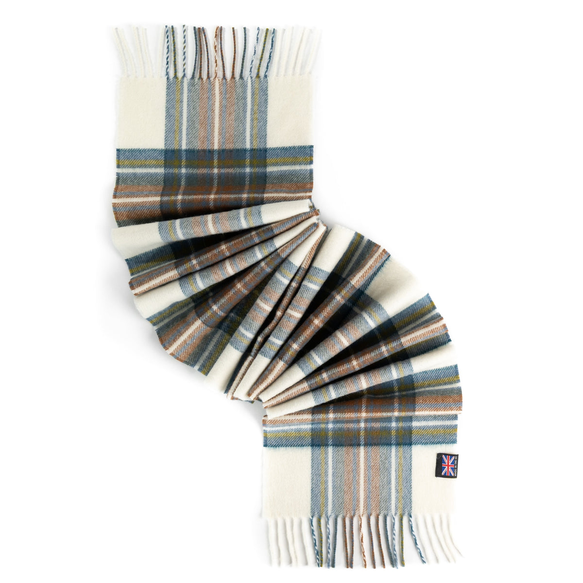 Muted blue tartan scarf draped with fringes and visible woven fabric pattern