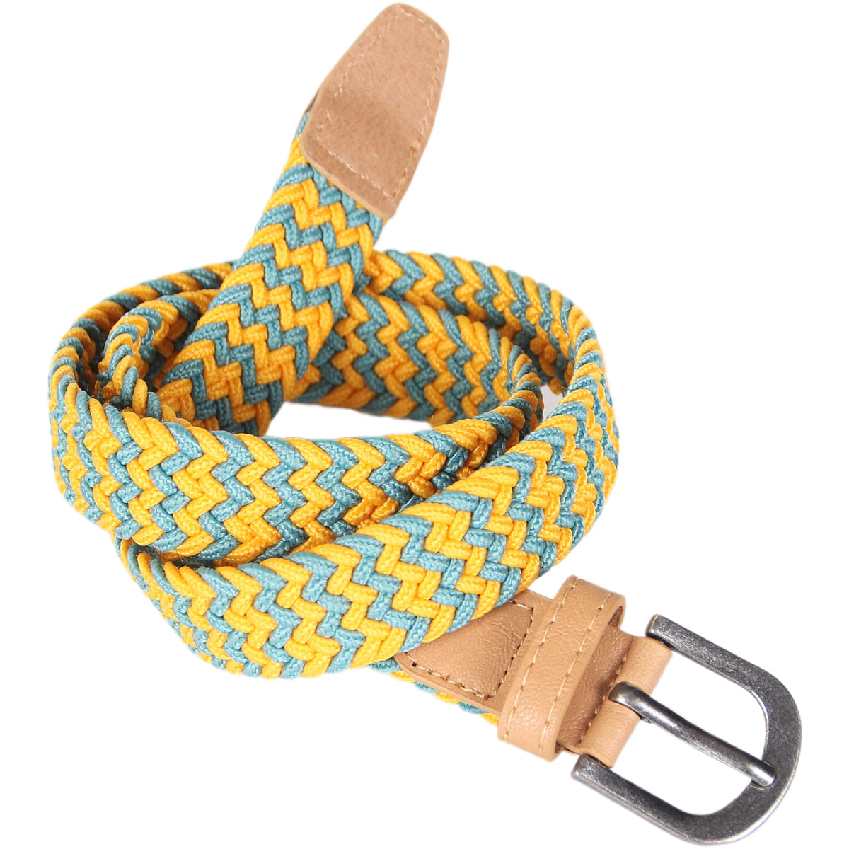 Girls' yellow and blue braided stretch belt with tan leather ends and metal buckle