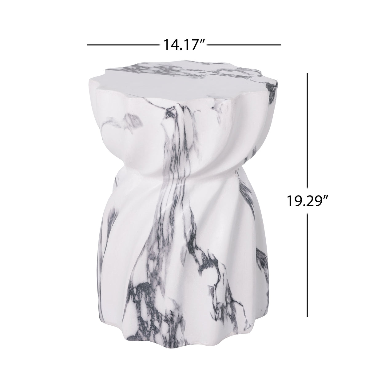 White marble-look side table with sculpted fluted form; 14.17 inches wide and 19.29 inches tall
